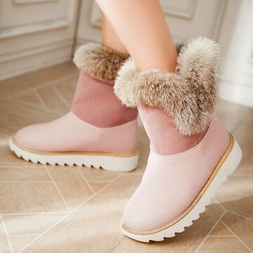 新款粉色黑色平底橡胶时尚套筒圆头中跟短筒冬季雪地靴子女鞋新品