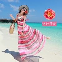 波西米亚2015新款吊带V领长裙夏 海边显瘦沙滩裙海滩裙雪纺连衣裙