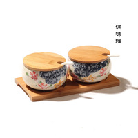 日式和风陶瓷山田烧青花调味罐套装带木质托盘带盖调料盐罐套装