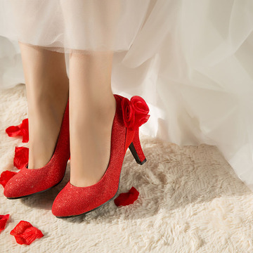 新娘结婚婚鞋甜美红色浅口高跟鞋新款夏季宴会结婚鞋职业细跟女鞋