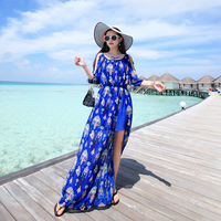 马尔代夫海边度假波西米亚雪纺长裙性感漏肩开叉显瘦沙滩裙连衣裙