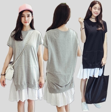 2016夏装韩版大码女装新款假两件宽松长款短袖T恤女连衣裙学院风
