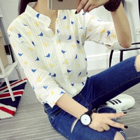 2015秋装新款韩版女装气质显瘦小立领可爱小鸟图案轻薄外搭衬衫潮