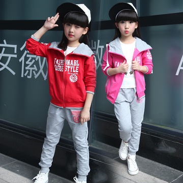 2016秋季新款童女童套装纯棉字母女童套装连帽儿童运动休闲两件套