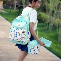 帆布双肩包女日韩版高中生旅行背包卡通印花学院小清新中学生书包