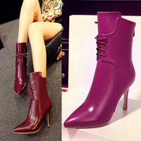欧美2015春秋时尚细跟高跟短靴尖头真皮女靴系带马丁靴紫色单靴子