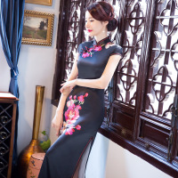 传统中式改良真丝旗袍长款短袖日常修身大码显瘦复古演出旗袍礼服