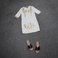 欧洲站2015夏季新品贴布图腾图案纯棉圆领短袖修身中长款t恤女