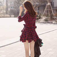 2017春夏季新款韩版时尚女装长袖黑红格子收腰打底衬衫连衣裙潮