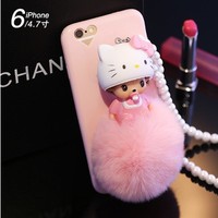 韩国KT熊猫奶嘴娃娃iPhone6手机壳6plus手机壳獭兔毛6s挂绳保护套