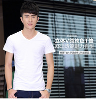 学生夏季韩版修身男士短袖t恤衫v领半袖衣服潮男装纯色T恤打底衫