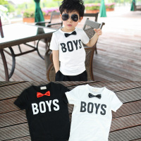 韩版童装儿童百搭短袖T恤男童黑白色领结短t圆领衫2015夏BOYS字母