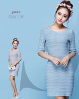 2015秋装新款 韩版女装中袖纯色针织连衣裙 修身显瘦打底裙子