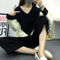 韩国东大门人气毛衣大V领拼色宽松套头针织毛衣女2015新款蝙蝠袖