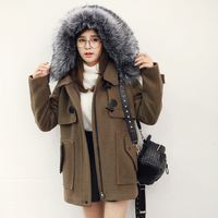 BONNIE2015冬新款韩版中长款连帽牛角扣呢子大衣女大毛领毛呢外套