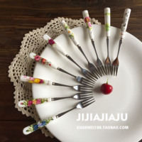韩式陶瓷柄不锈钢创意便捷餐具 儿童西餐小叉子水果叉 蛋糕甜品签