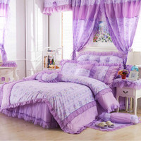 韩式公主家纺紫色碎花田园风蕾丝花边全棉床裙式床上用品三四件套