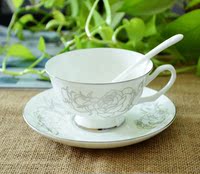 正品简约唐山骨瓷咖啡杯套装 典雅镶金欧式咖啡杯茶杯碟送勺 包邮