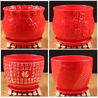 中国风陶瓷花盆喜庆有孔纯大红色黄色绿色个性创意花盆 免邮批发