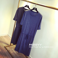 韩国纯色系带卷边短袖连衣裙 2015夏季新款 显瘦气质棉质长t恤女