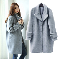 韩版中长款加厚毛呢外套2015冬装宽大码茧型呢子大衣