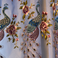 蓝色窗帘孔雀窗帘现代中式风格客厅雪尼尔绣花布定制卧室布帘羽毛