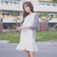 秋装女装韩版宽松气质荷叶边中长款七分袖长袖格子连衣裙学生显瘦