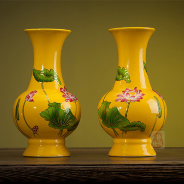 佛教用品批发佛堂用品佛供用品黄色陶瓷描金莲花瓶 佛具供花瓶