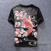 中国民族风潮牌刺绣樱花红鲤鱼短袖T恤 夏季个性男装半袖宽松上衣