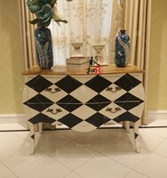 颐和实拍高端法式新古典黑白几何棱形玄关装饰柜实木复古拉环边柜