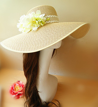 泰国三亚夏仙女海边度假手工花朵蕾丝草编遮阳帽大檐帽防晒沙滩帽
