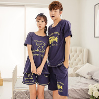 新款夏季韩版睡衣PINK猫咪鱼骨纯棉短袖圆领男女情侣时尚家居服