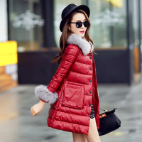 2015韩版正品修身显瘦单排扣大毛领中长款防水防风保暖PU皮棉衣女