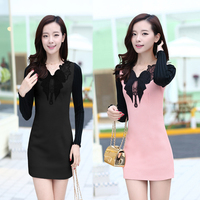 2015秋季新款韩版时尚修身加绒加厚毛线拼接长袖连衣裙