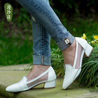 漫沙洛2015夏季新款真皮中跟粗跟尖头凉鞋女 韩版网纱单鞋皮鞋