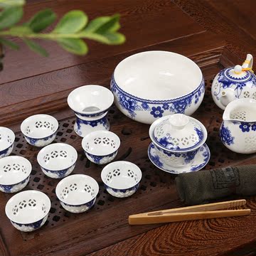 青花瓷整套茶具套装玲珑镂空蜂窝功夫茶具茶壶茶杯海景德镇陶瓷