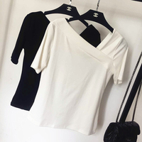 2015夏装新款韩版时尚洋气不规则领口设计女人味超显瘦短袖T恤女