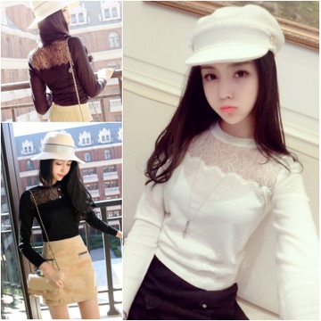 2015秋冬新款韩版修身显瘦性感蕾丝拼长袖套头打底针织衫上衣