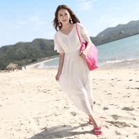 新款波西米亚荷叶边短袖沙滩裙V领纯色大摆型长裙夏度假海边必备