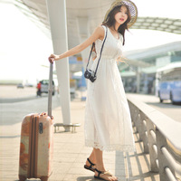 夏季韩国清新蕾丝白裙无袖连衣裙海边度假沙滩裙文艺背心纯棉长裙