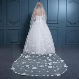 包邮蕾丝纱新款新娘头纱 韩式结婚软纱头纱 浪漫花朵3米超长头纱