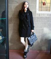 2015秋冬韩版中长款双排扣毛呢外套女韩国学院风修身显瘦呢子大衣