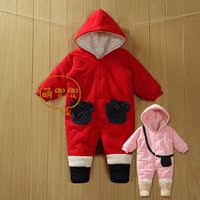 婴儿冬装红色冬季连体衣 包脚哈衣 加厚冬天婴儿装0-1岁连身衣服