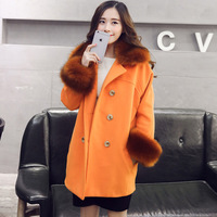 2015新品包邮韩版女装修身呢子大衣狐狸毛中长款显瘦女毛呢外套
