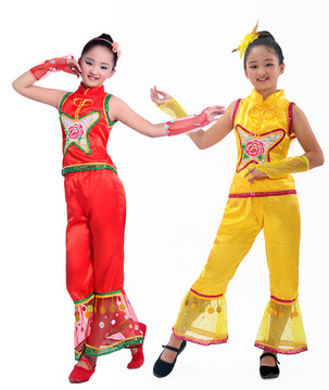 儿童民族舞蹈演出服 女童扇子舞 手绢舞 幼儿秧歌舞台表演服装