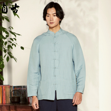 自古2015秋季新款中国风立领衬衣亚麻男装长袖衬衫SZ511044炩