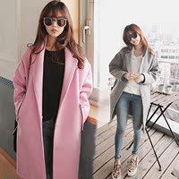 新款韩版甜美粉色茧型毛呢外套女中长款廓形宽松加厚加棉呢子大衣