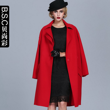 贝尚彩女装2015秋冬新品外套女红色时髦翻领欧美中长款羊毛呢大衣