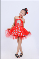 新款儿童舞蹈服女童红色连衣裙表演服装现代舞幼儿爵士舞演出服饰