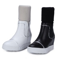 2015秋冬季新款两穿靴女雪地靴黑白色真皮毛线靴内增高弹力靴包邮